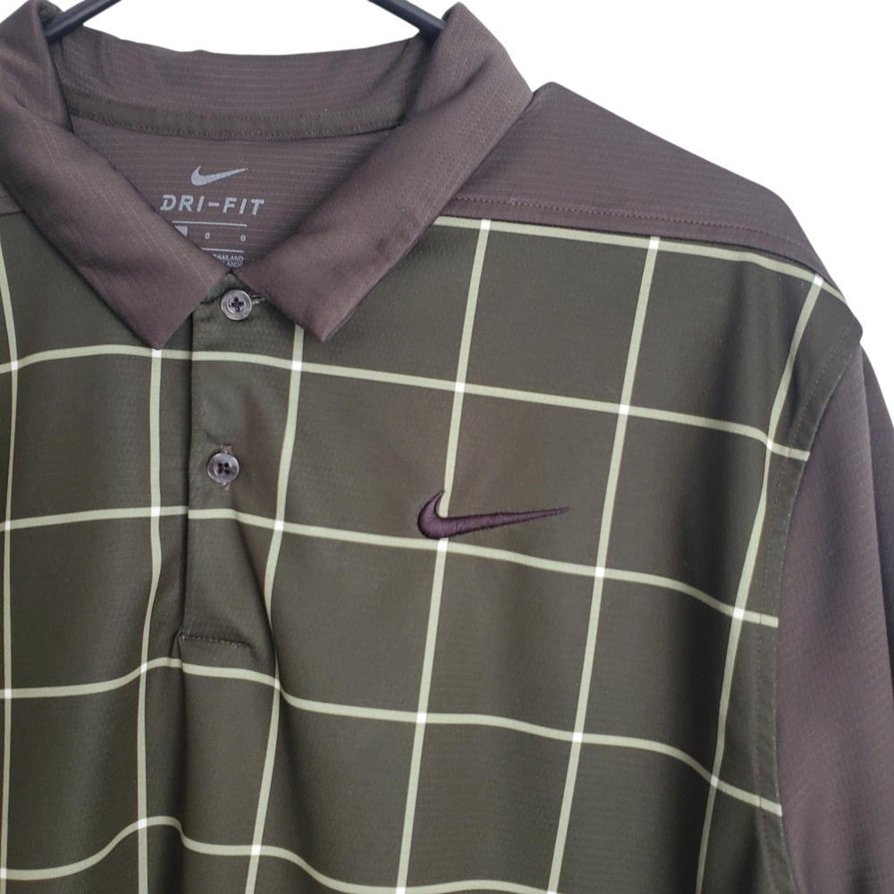 Nike Men's L Dri-Fit Green Checkered Polo Shirt, Grey 2 Button Collared Shirt